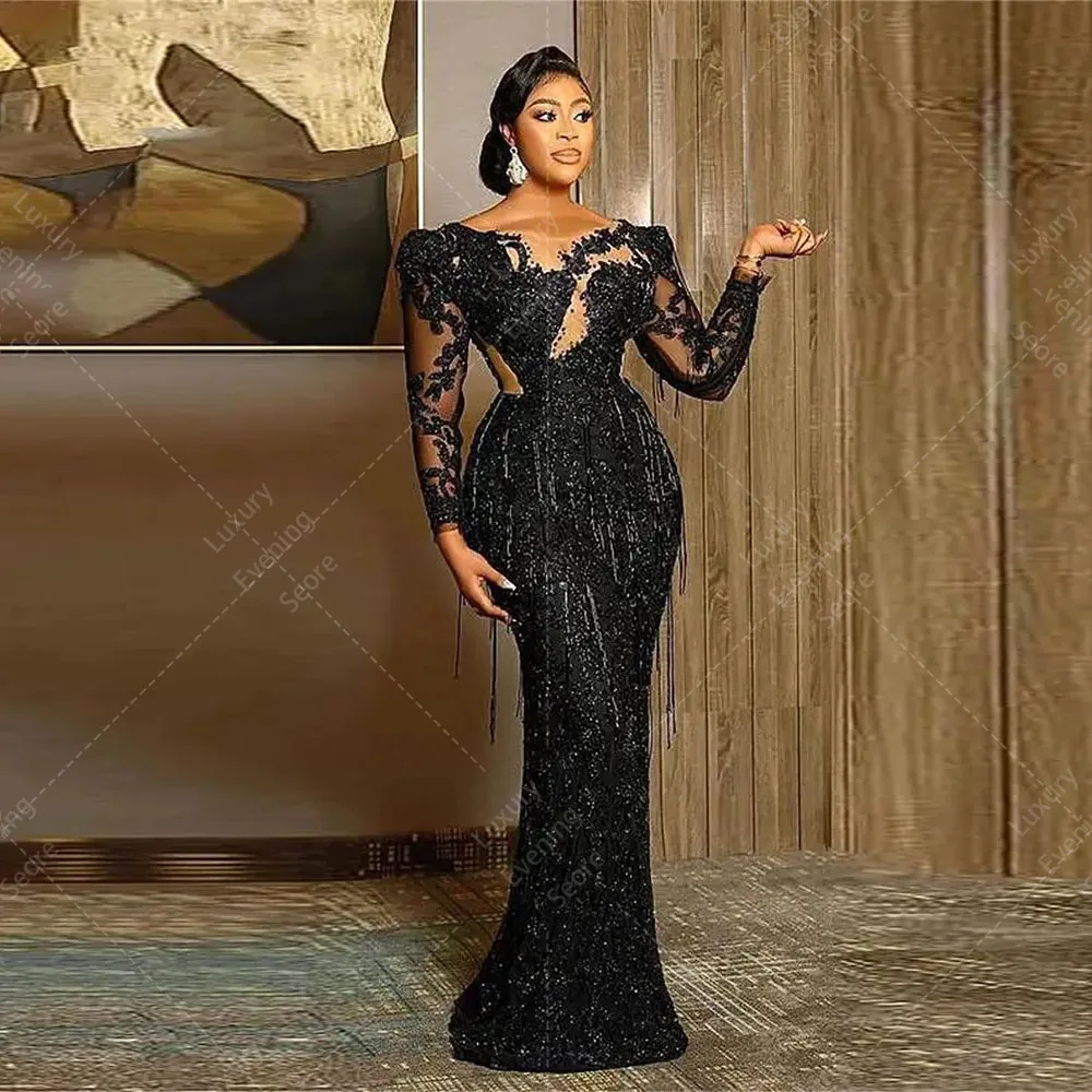 African Mermaid Black Evening Dresses Woman's Sexy Lace Appliques Long Sleeve Plus Size Formal Elegant Party Prom Gowns Vestidos