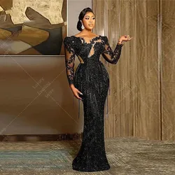 African Mermaid Black Evening Dresses Woman's Sexy Lace Appliques Long Sleeve Plus Size Formal Elegant Party Prom Gowns Vestidos