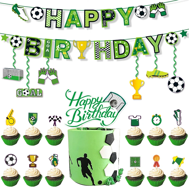 1Set Football Theme Party Happy Birthday Banner Garland Kids Boy Soccer Birthday Decoration Favors Cupcake Topper Flags Supplies