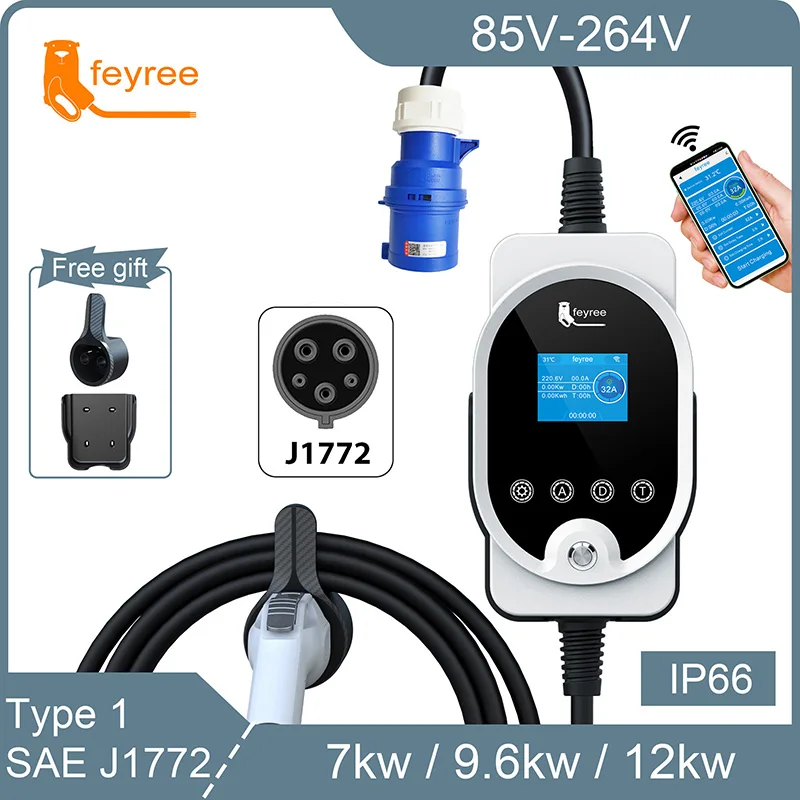 

feyree Portable EV Charger Type1 Plug 32A 40A 50A EV Fast Charging Cable 5m Electric Car Charging Station wallbox Adjust Current