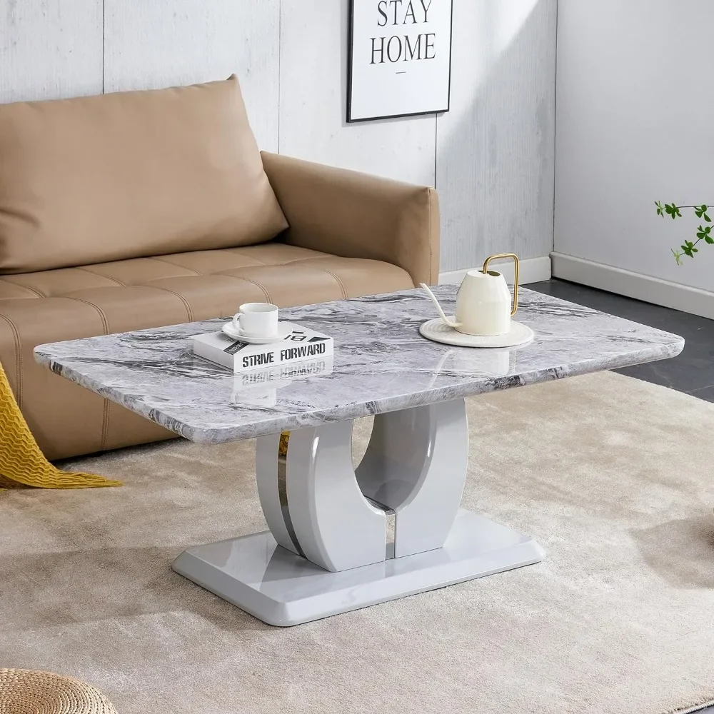 Modern Coffee Table Faux Marble Desktop Rectangular Center Table Tea Table Accent Furniture for Living Room