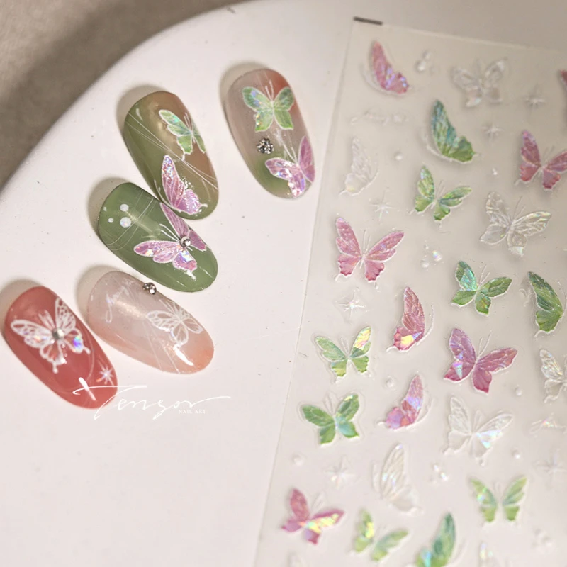 Pink Green Purple Illusion Polarized Butterfly Stars 3D Self Adhesive Nail Art Decorations Stickers Manicure Decals Wholesale