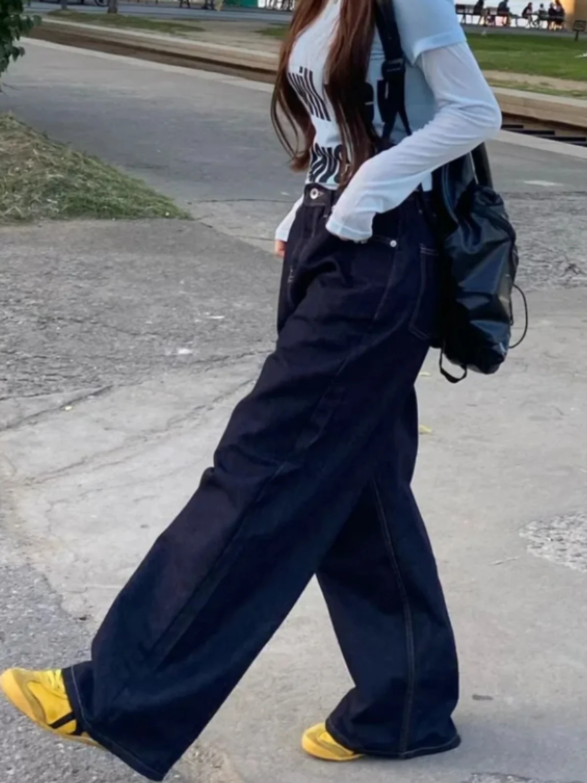 Retro Waed Pierna recta suelta Pierna ancha Pantalones vaqueros casuales hasta el suelo Pantalones vaqueros con botones Ba para mujer Pantalones largos casuales versátiles...