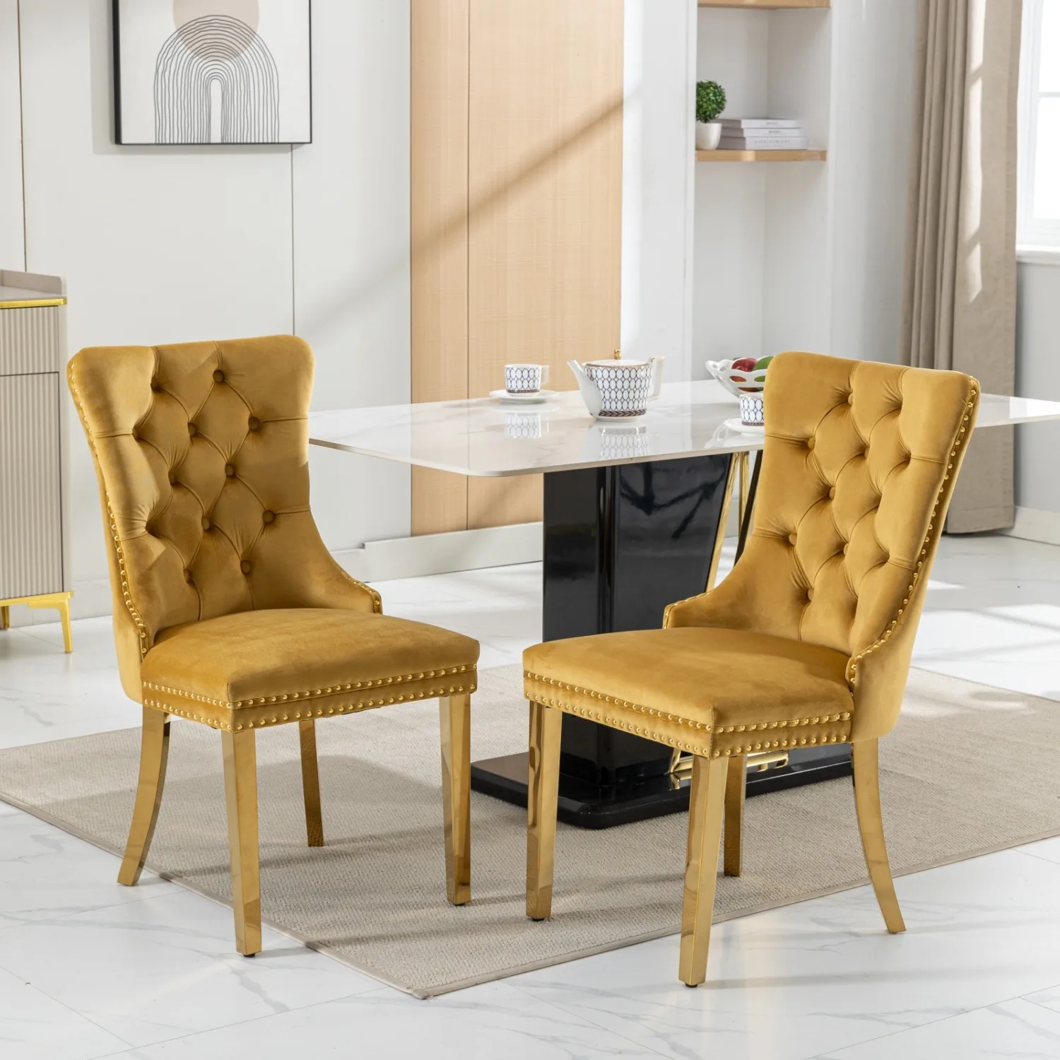 

A&A Furniture,Nikki Collection Modern, High-end Tufted Solid Wood Contemporary Velvet Upholstered Dining Chair with Golden Stain