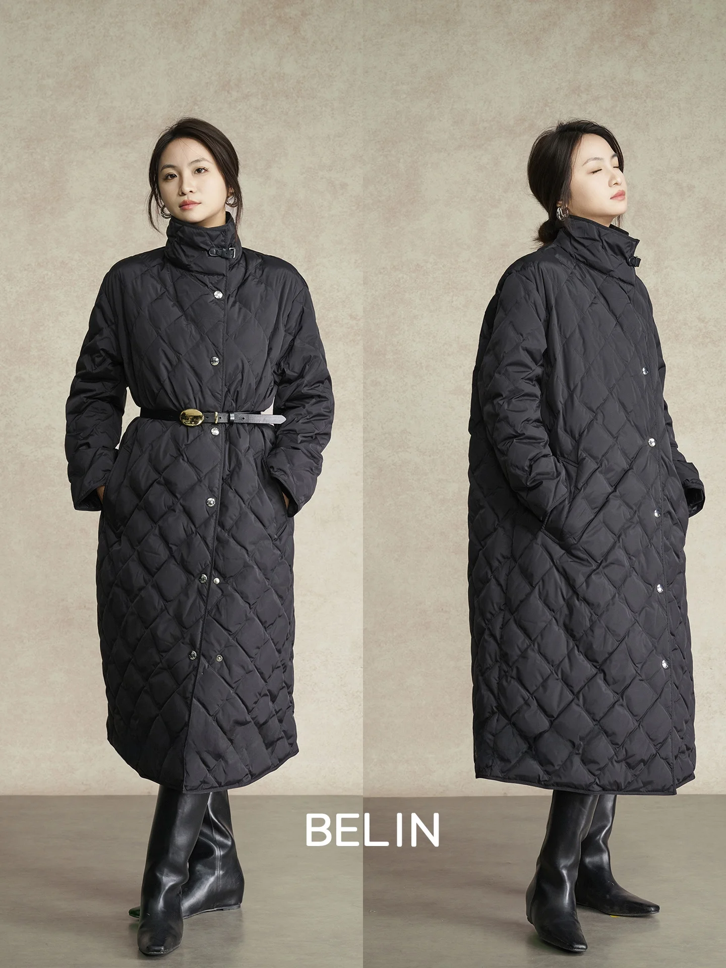 

High Quali BELIN White Goose down Jaet Quilted Diamond Pattern Mid-Length Stand Collar Coat Warm Casual Sle Women's Win...