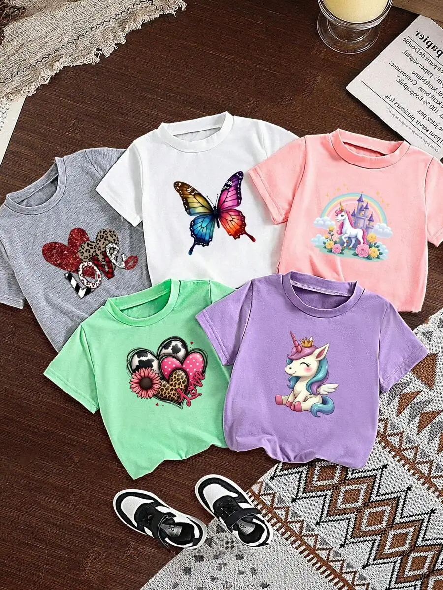 

Набор из 5 детских футболок с коротким рукавом с принтами бабочек, единорогов и сердечек