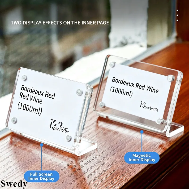 10 Pieces 60x90mm L Shape Acrylic Magnetic Price Label Holder 2-Way Display Table Price Tags Menu Cards Holder