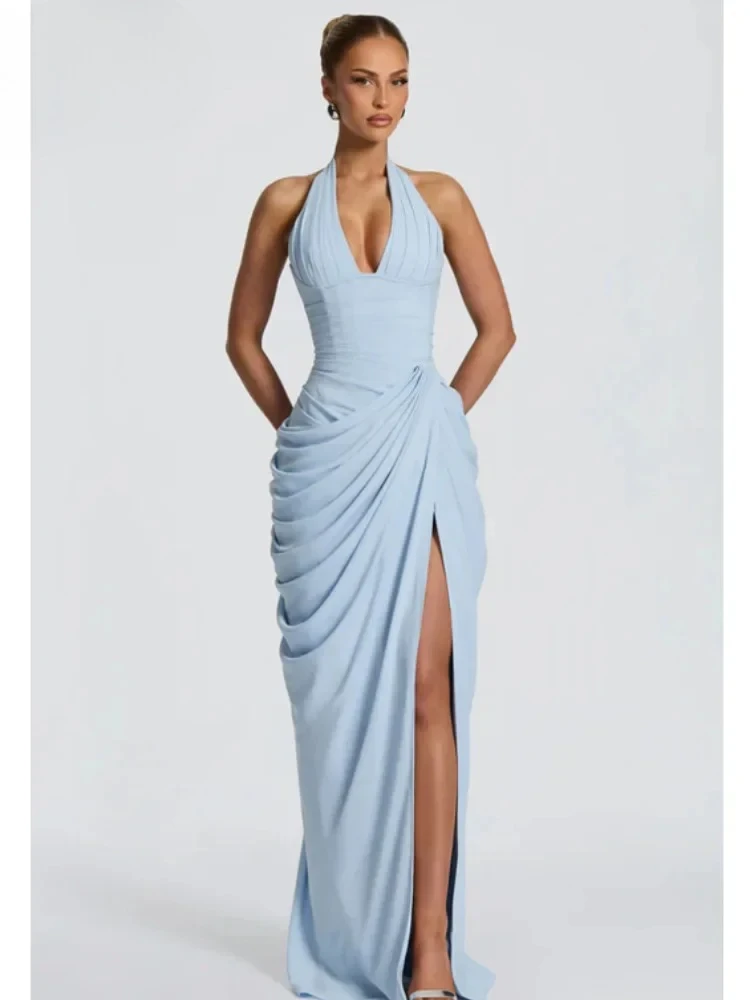 Fashion Sleeveless Backless Waist-cinching Split Maxi Dresses Summer Party Gowns 2026Elegant Solid Pleated Halter Women's Dress
