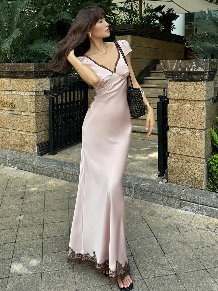 Kliou Silky Stain Gown Dress Woman Lace Patchwork V-Neck Short Sleeve Cross Bandage Backless Birthday Party Elegant Vestidos