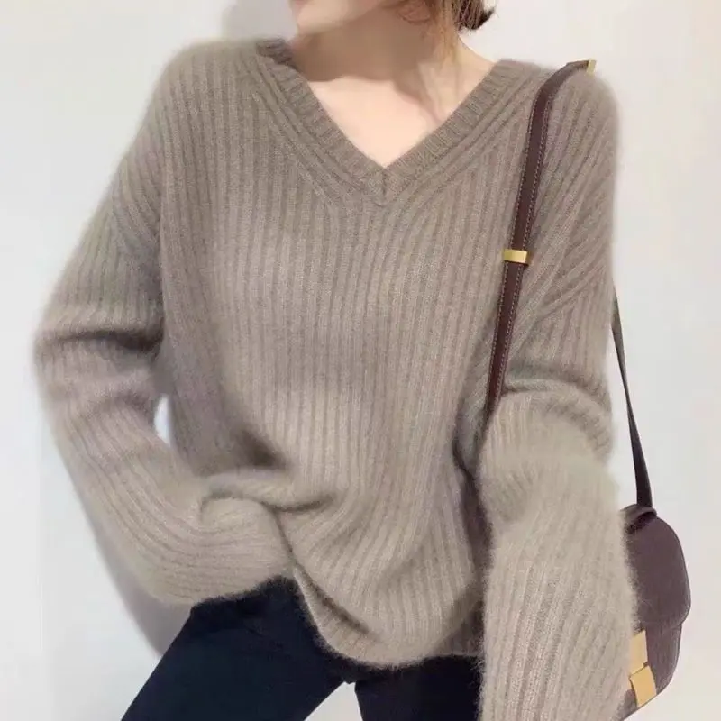 Lazy Style Loose Pullover Sweater Women's 2023 Autumn/Winter Korean Version New Long Sleeve V-Neck Knitted Solid Color Underlay