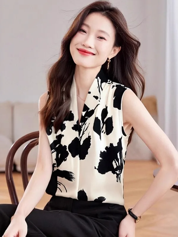 Floral Print Chiffon Shirt Women's Fashion Summer New Style Sleeveless Top Elegant Atmosphere Polyester Fiber 100% Regular Le...