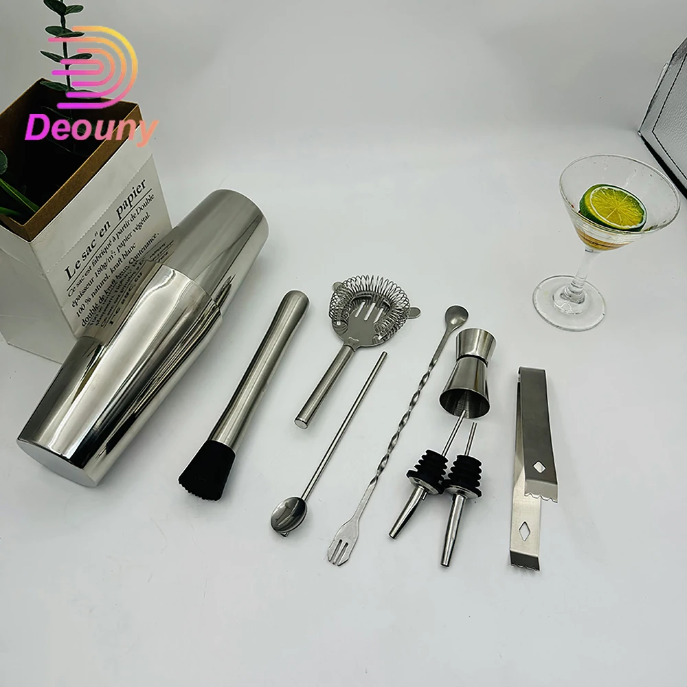 DEOUNY Stainless Steel Boston Shaker Set Professional Bartender Kit with Muddler Strainer Jigger Ice Tongs Home Bar Utensils Set