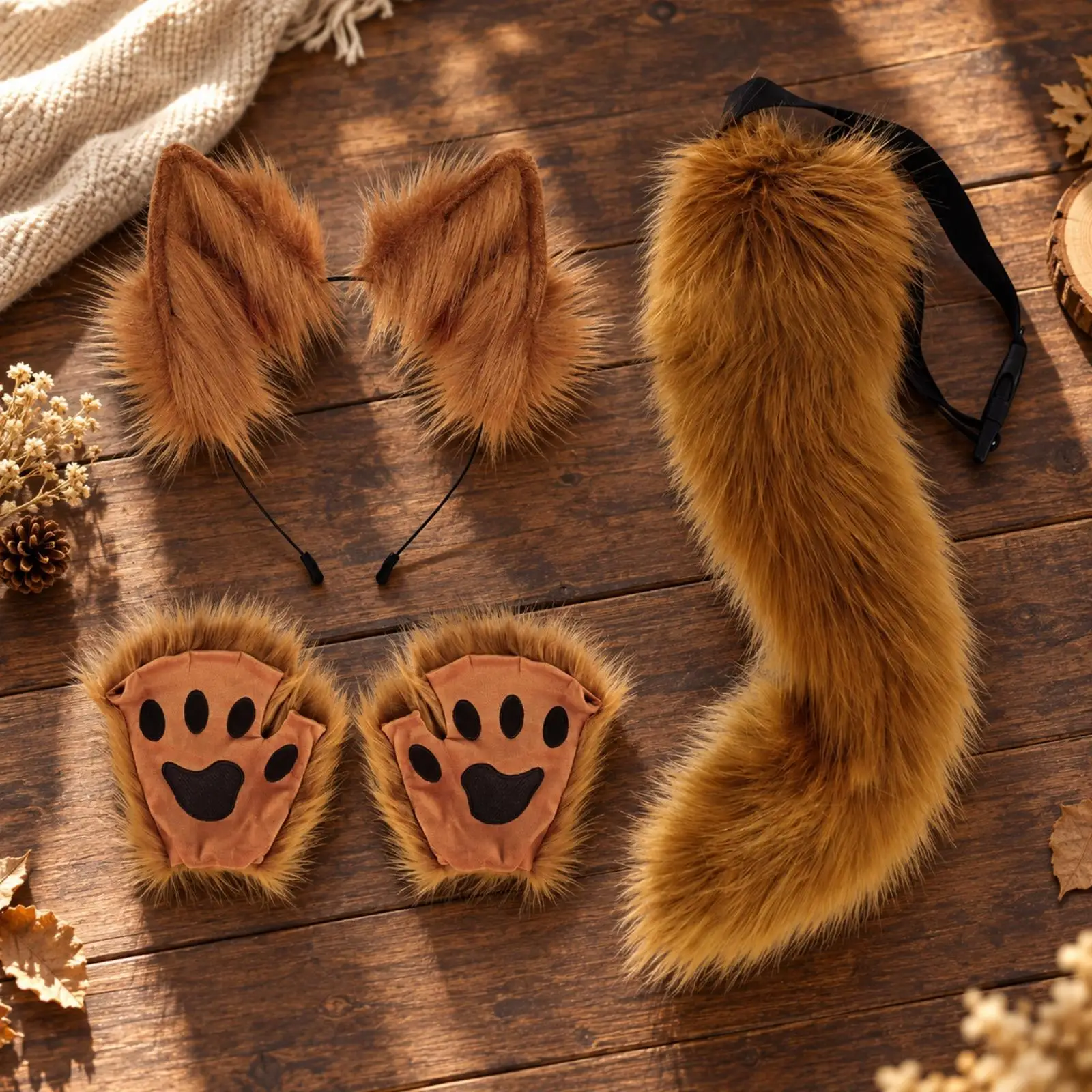 Creature Ears Headband and Tail Set with Paw Gloves Halloween Faux Hair Animal Costume Accessory Ensemble Soft for Cosplayers,