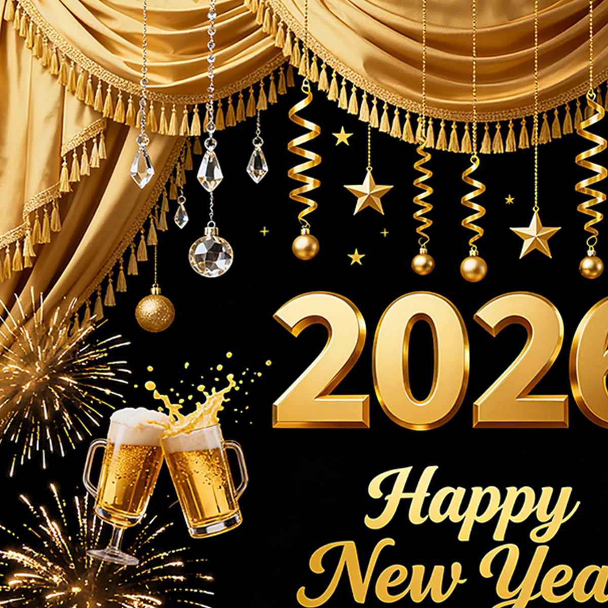 ترحيب 2026 سنة جديدة سعيدة ديكور حفلة إعداد الألعاب النارية البيرة الاحتفال ثلاثي الأبعاد زوجين معلقة القماش راية با