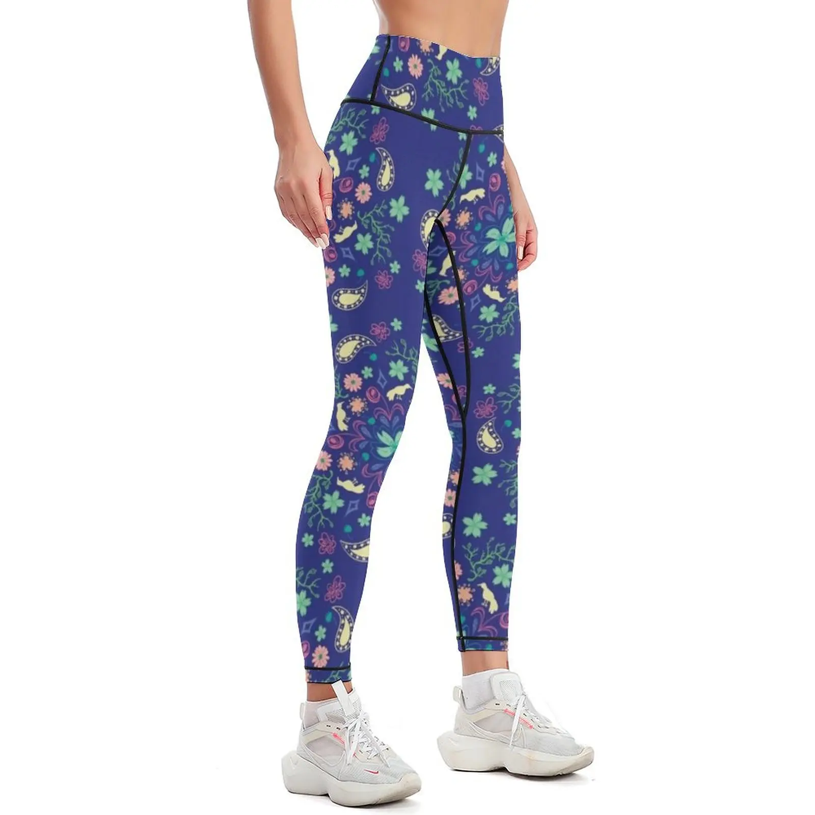 Sakura Cherry Blossom Blue and Green Floral Pattern Leggings Fitness woman Fitness clothing Womens Leggings