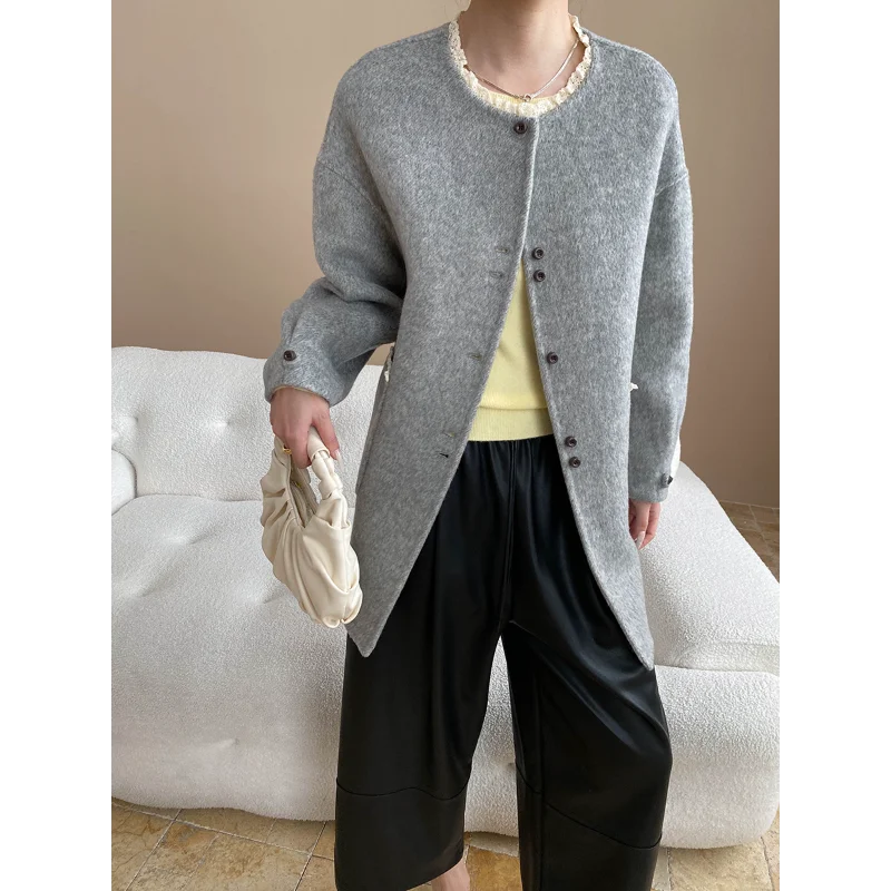 French Lace Round-neck Wool Blended Double-sided Tweed Coat Women Fashion Simple Sweet Long-sleeved Warm Autumn Winter Lady Coat