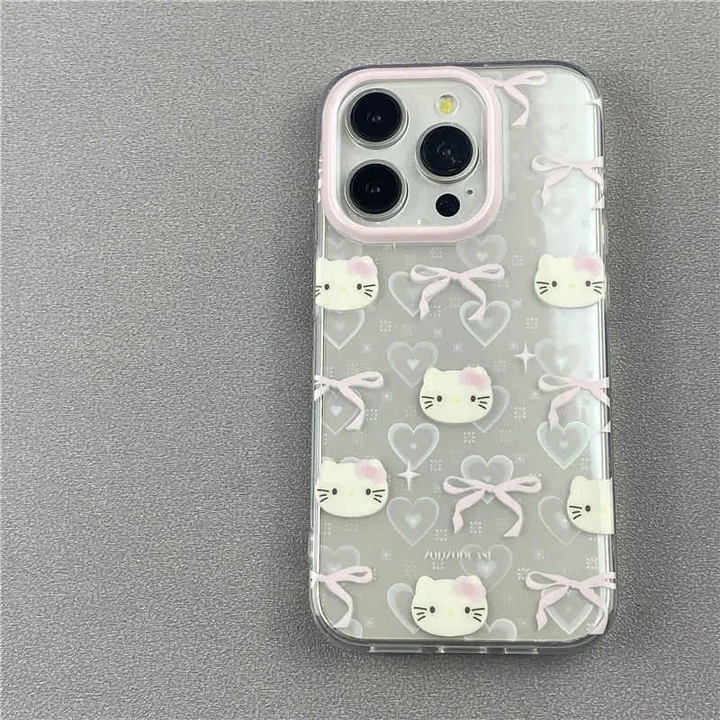 Cartoon Pink Bow Hello Kitty Cartoon INS Phone Case For iPhone 16 15 14 13 12 11 Pro Max XR XS Max 7 8 Plus MINI Y2K Laser Cover