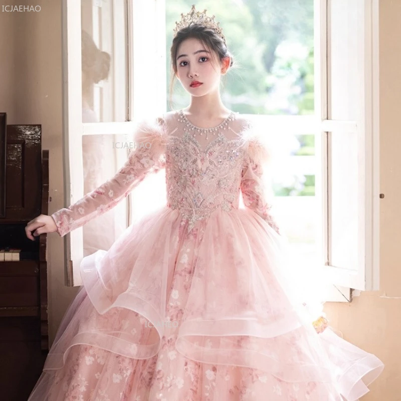 

Платье для девочек, пышные платья, розовое праздничное платье принцессы, одежда для детей, костюм для выступлений на фортепиано на день рождения, костюм для показа мод