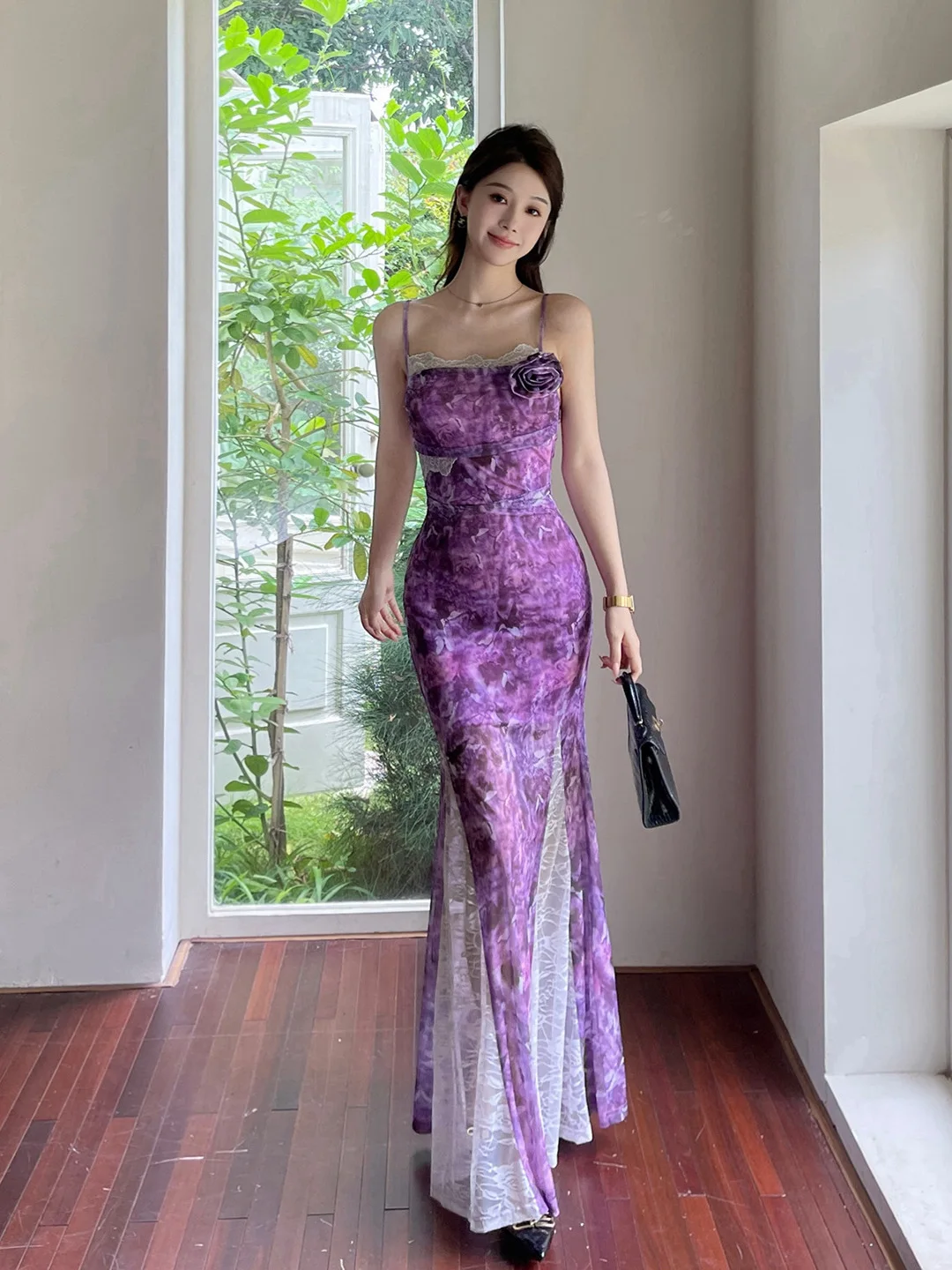 Vestidos sexis de especias de encaje 3d flor Floral púrpura Halter Y2k Vestidos femeninos Vestidos Largos verano Chic Fanny Pack vestido largo a la cadera