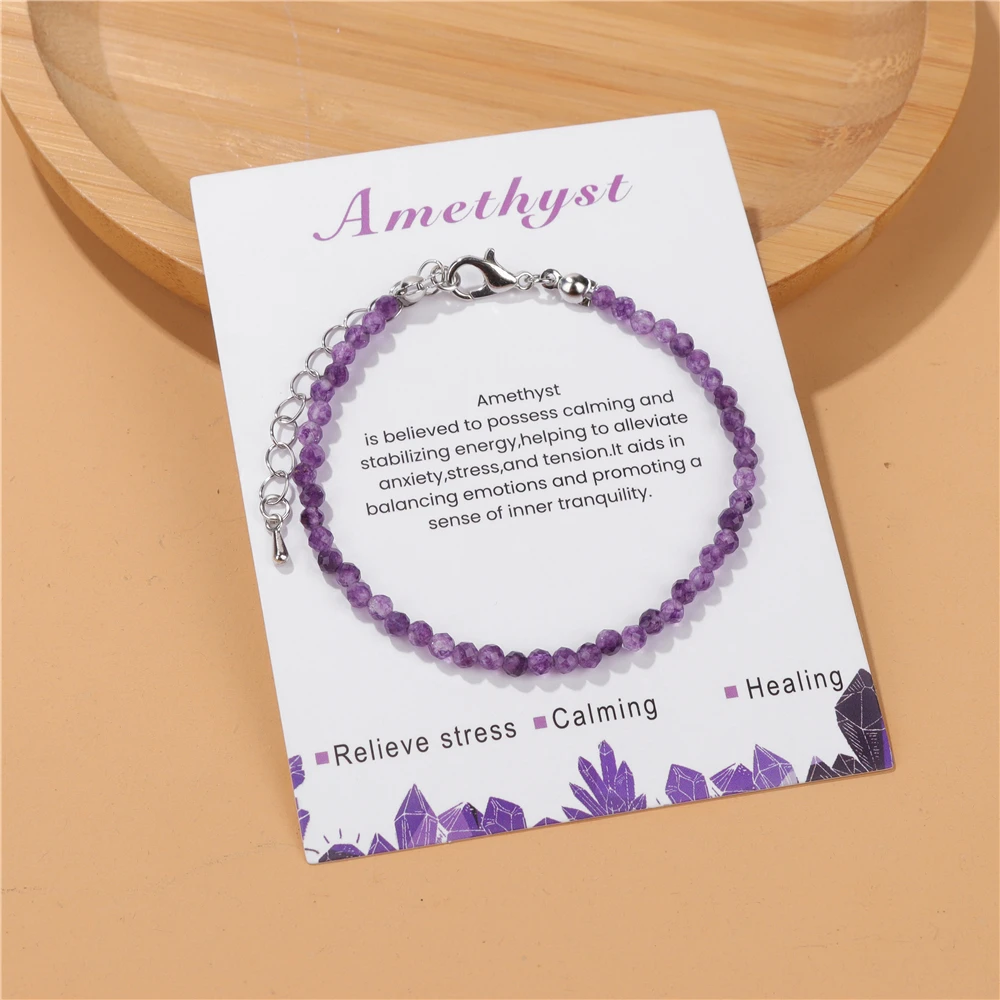 3mm Natural Faceted Stone Bracelet Amethysts Quartzs Chain Bracelets for Women Reiki Healing Bracelet with Card Jewelry Gifts