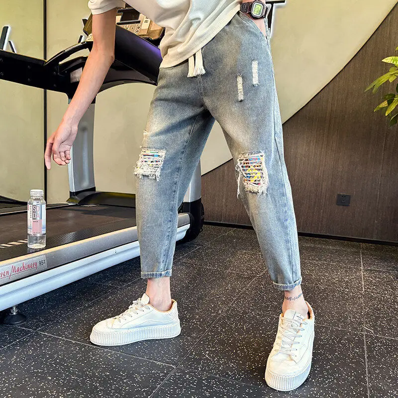 

Small Size Men's Jeans Summer Trendy Brand Nine-Piece Pants 26 27 Size Hole Denim Jeans Casual Wear Youth ular Sle