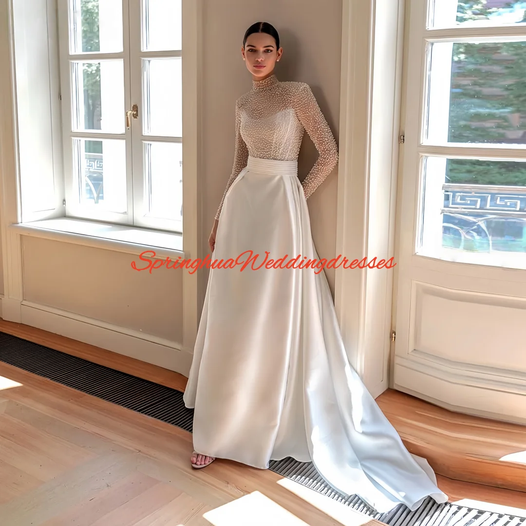 Customized  Beading  Tulle Wedding  Dresses A-Line High Neck Pleated Bride Prom Gown Long Sleeves Charming Bridal Gowns