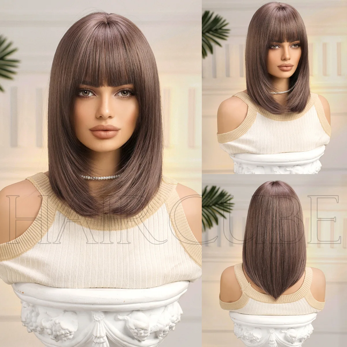 

Short hair wig Bobo head Medium and long straight hair Qi bangs Natural shoulder length European and American wig Head cover Che