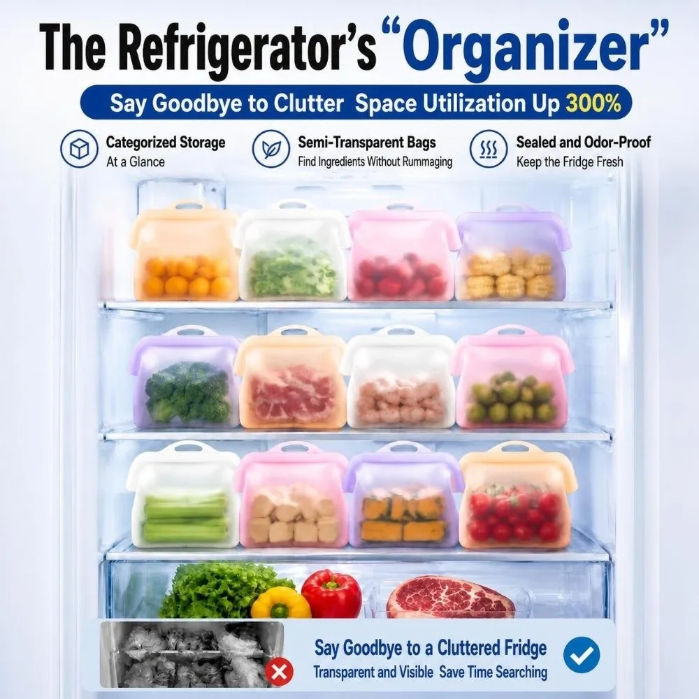 With Handle 1000ML Silicone Fresh-keeping Bag Odor-Proof Leak-Proof Upright Freezer Bags Large Open Multipurpose
