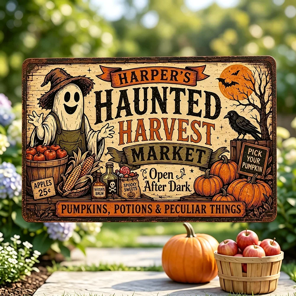 CIFbuy Halloween Haunted Harvest Market Metal Plaque,Personalized Name Ghost Wall Decor (Only For Decoration)