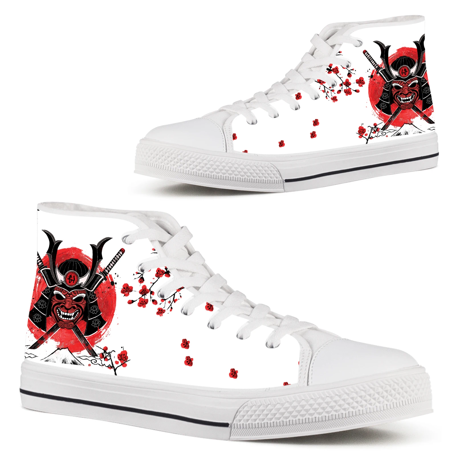 

ELVISWORDS White Women's Shoes Japanese Samurai Cherry Design Brand Lace-up Women's Vulcanized Shoes High-top Canvas Shoes