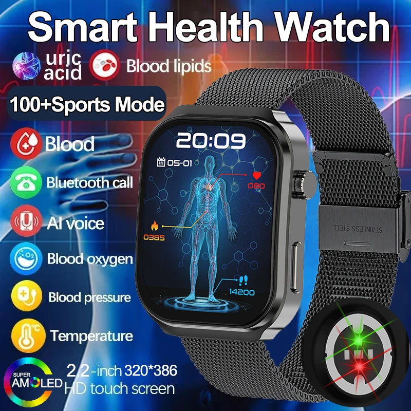 

2026 Man Smart Watch 2.2inch Smartwatches Men Heart Rate Blood Pressure Temperature Monitoring Health Smartwatch for Android iOS