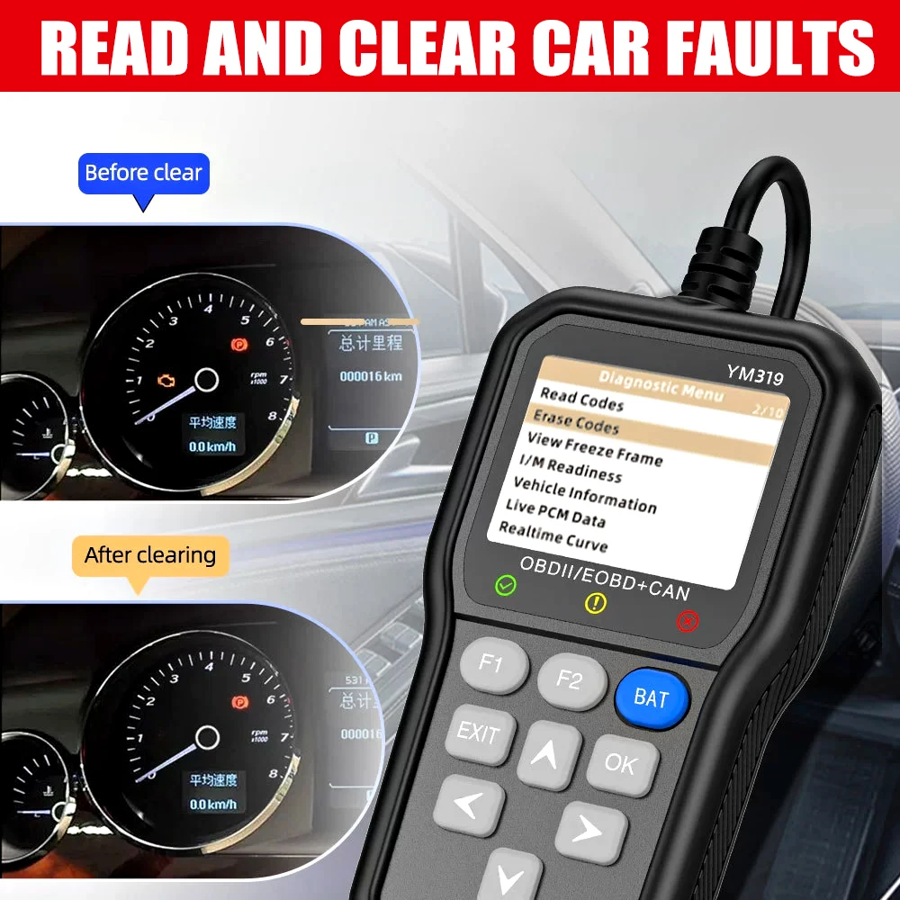 YM319 OBD2 Scanner Diagnostic Tool for All Cars & Trucks OBD Auto Diagnostic Scanner for Detecting & Clearing Engine Fault Codes