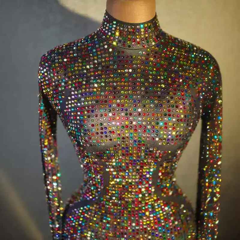 بدلة قفز قابلة للتمدد بأحجار الراين ملابس رقص مثيرة للنساء Dj Ds Gogo أزياء راقصة سحب الملكة ملابس النادي 8073