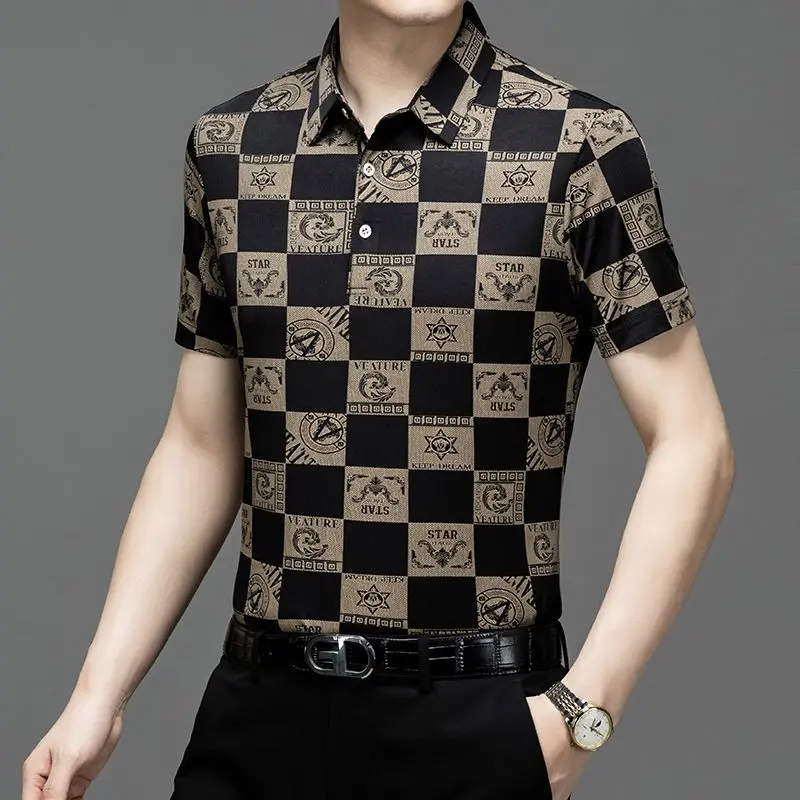 

Summer Men's Clothing Pullover Short Sleeve Turn-down Collar Geometric Printing Button T-shirt Casual Formal Business Tops