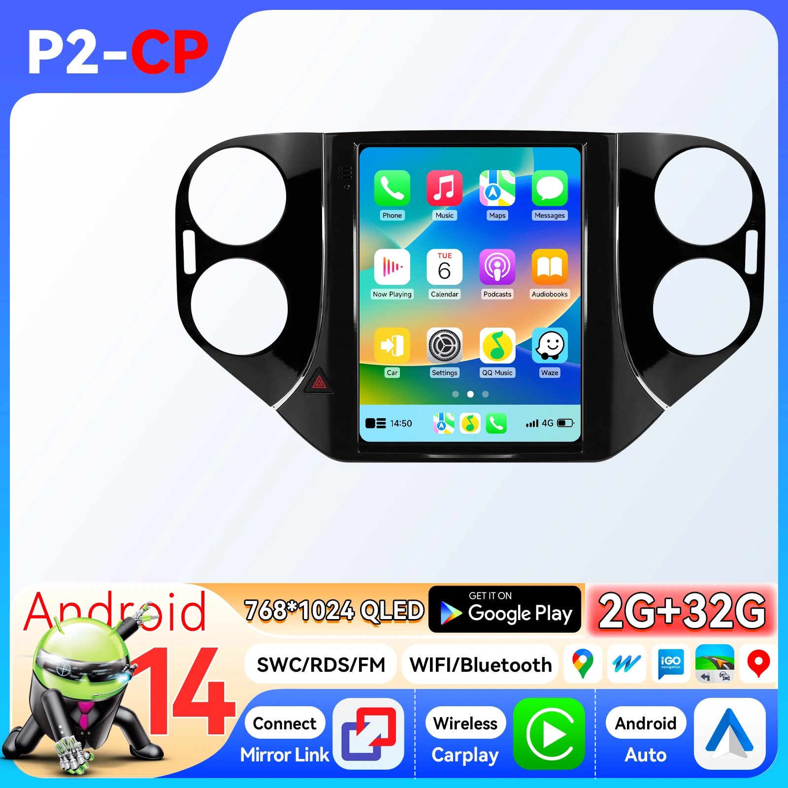 Hizpo 9,7 inch Tesla-stijl autoradio voor Volkswagen Tiguan 1NF 2007 - 2016 Android Auto 4G Wireless Carplay DSP Multimedia Player 2Din Stereo Autoradio Navigatie GPS Auto AI Intelligente Systemen