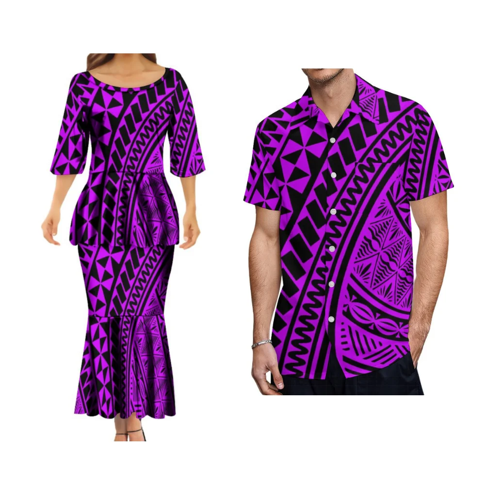 Polynesian Puletasi Pleated Fishtail Skirt Slim Maxi Dress Samoan Print Couples Matching Dress Hawaiian Formal Men\'S Shirt