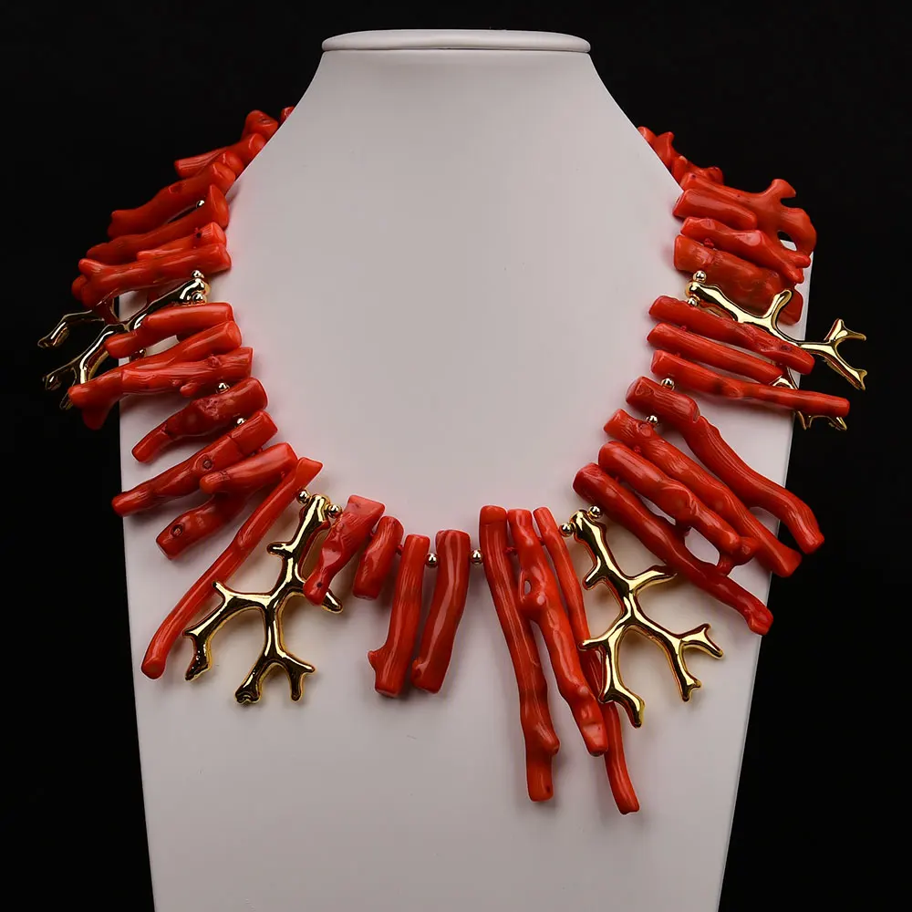 G-G Big Natural Orange Coral Top Drilled Branch Golden Resin Branch Necklace Pendant For Lady