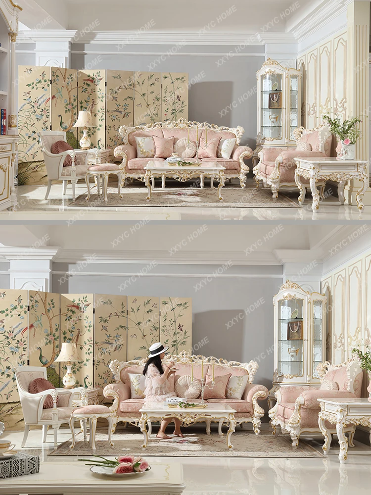 Pink Fabric Sofa Combination Living Room Solid Wood Hollow Carved Furniture