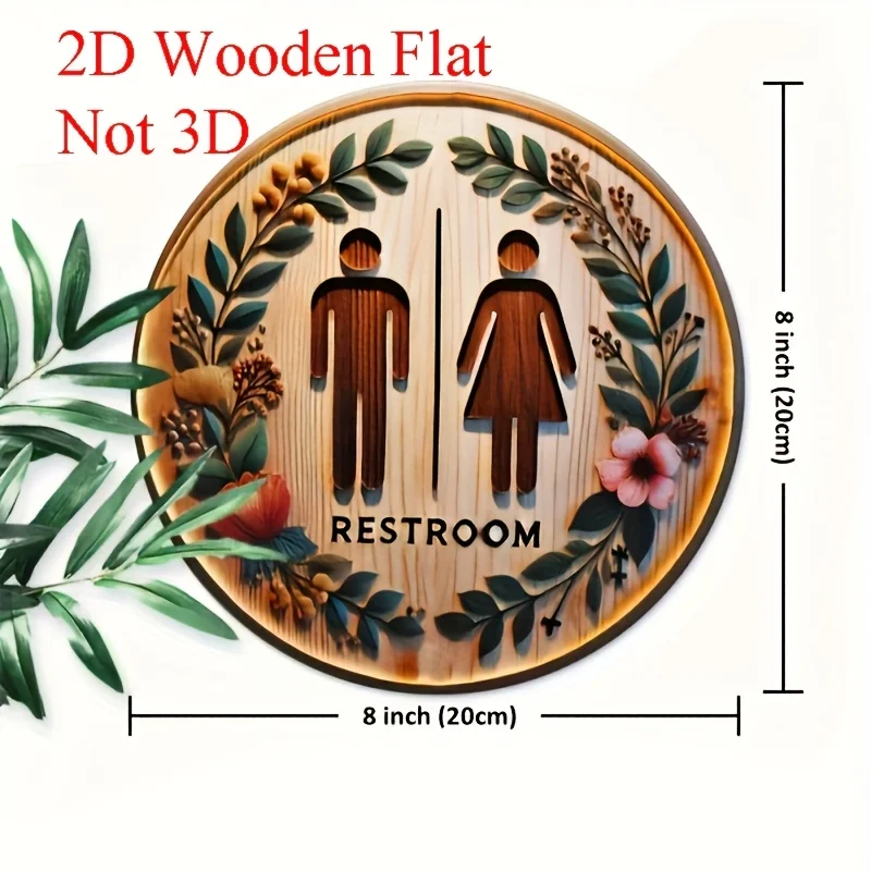 2D Flat, Handmade Rustic Farmhouse Restroom Sign - Circular Artificial Wood Wall Decor with Floral Wreath & Gender Symbols, Unis