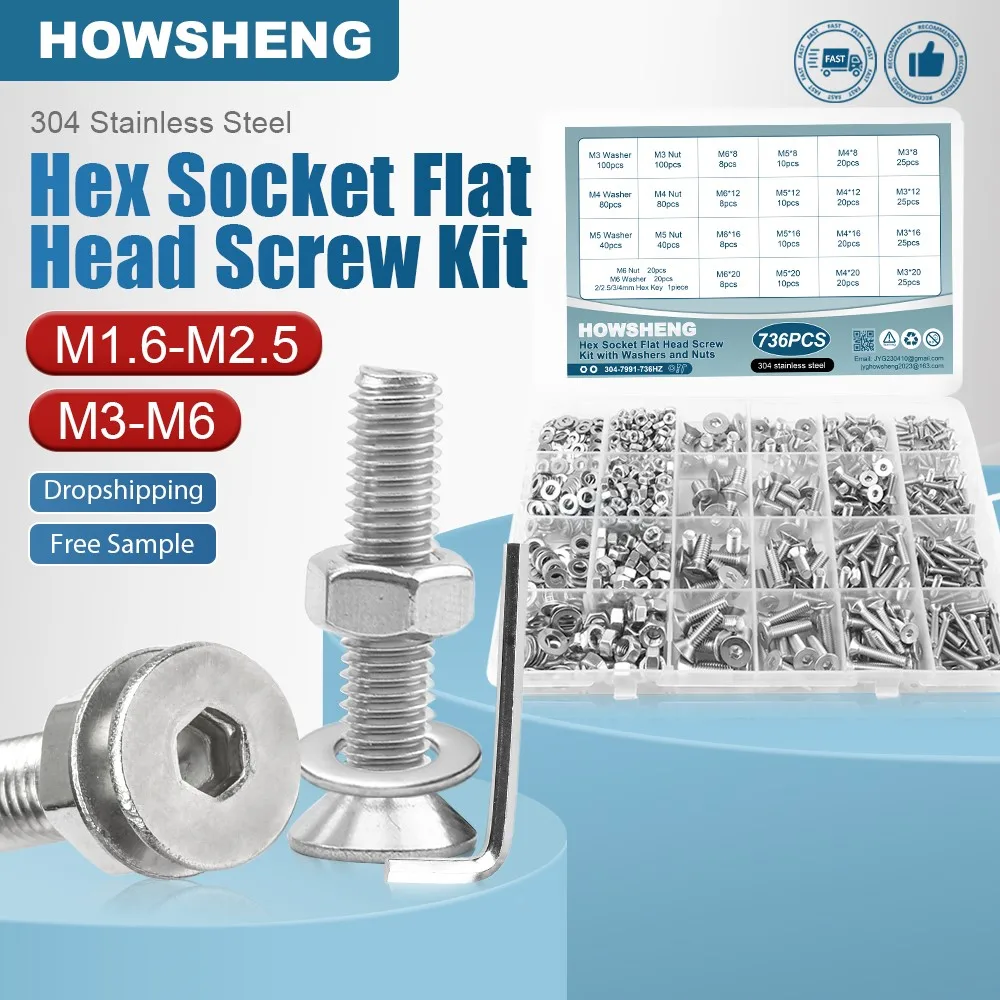 736/1403pcs Hexagon Hex Socket Countersunk Flat Head Screw Nut Washer Set M3 M4 M5 M6 Stainless Steel Allen Bolt Assortment Kit