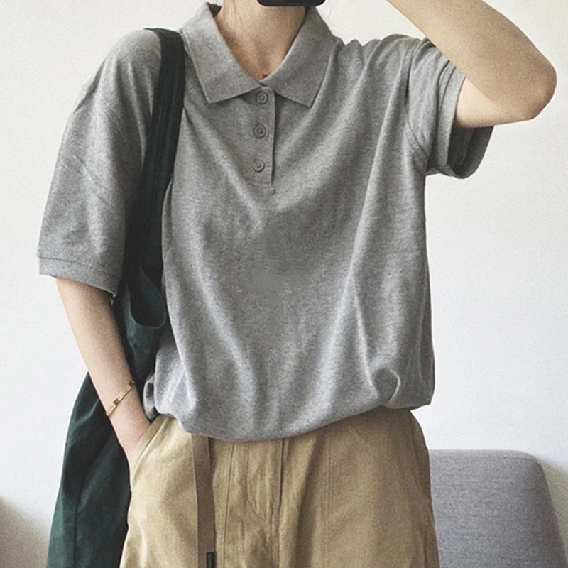 Cotton Summer Solid Short Sleeve Women Polo T Shirt Fashion All-match Casual Oversized 2xl Couple Top Work Loose Vintage Clothes