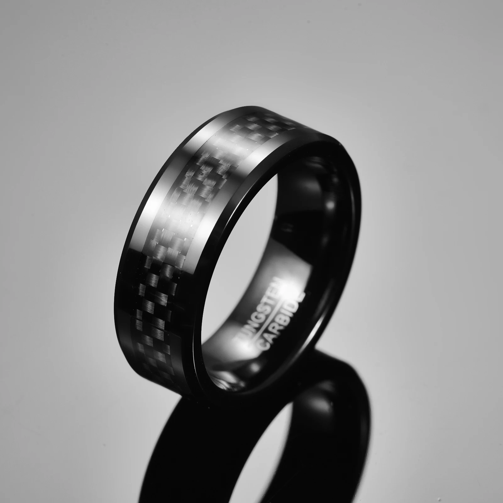 BONLAVIE 8mm Width Men‘s Tungsten Carbide Ring Inlaid Black Carbon Fiber Black Tungsten Steel Ring Good Quality