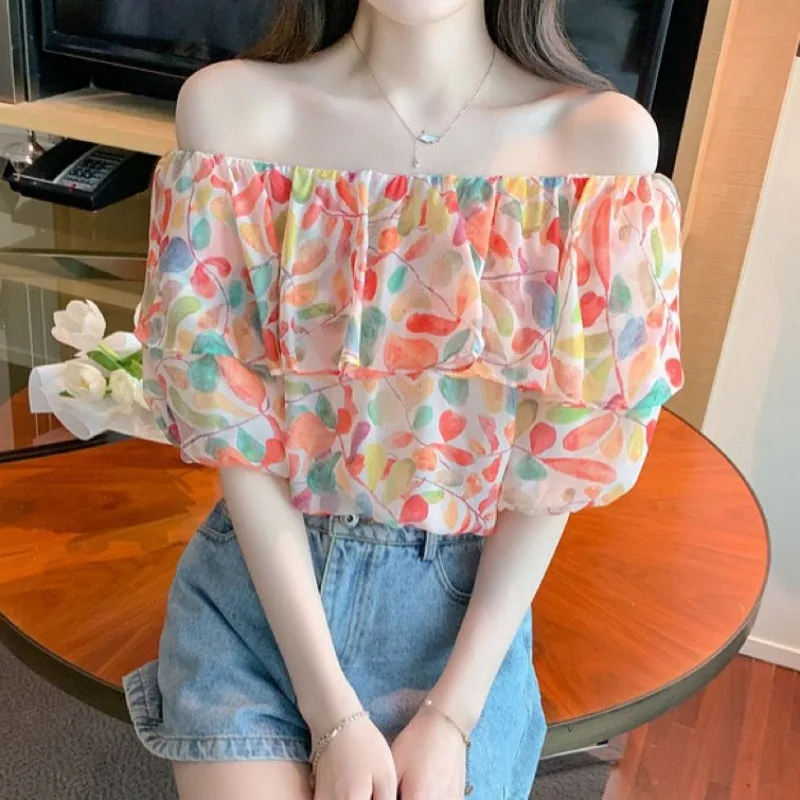 Slash Neck Shirts Frauen Sommer süße Blumen Chiffon Rüschen Design Mode koreanischen Stil elegantes Temperament Freizeit täglich gemütlich