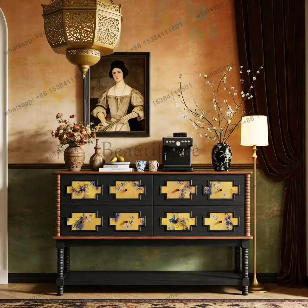 

French vintage black fragrant cloud gauze entryway cabinet living room partition solid wood entrance sideboard