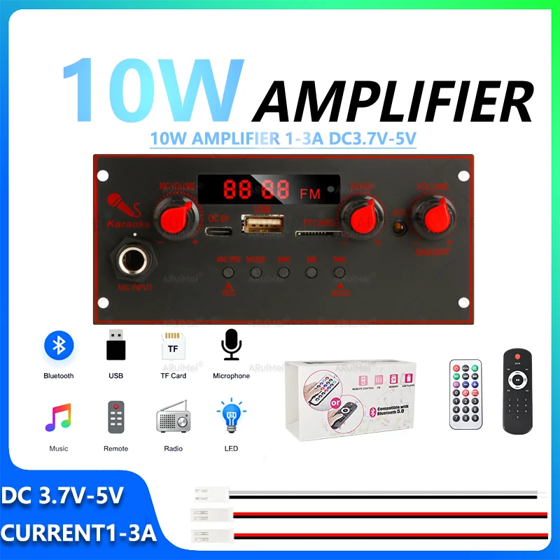 10W Bluetooth Amplifier Kit with Remote, Display & Power Cable DC 3.7-5V USB for Desktop Mini Speaker System Portable PC Audio