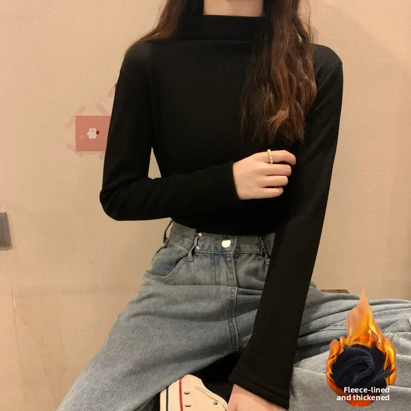 Femmes Faionable couleur Fce doublé longue Sve Base irt f col haut chaud automne haut coréen Sle trajet