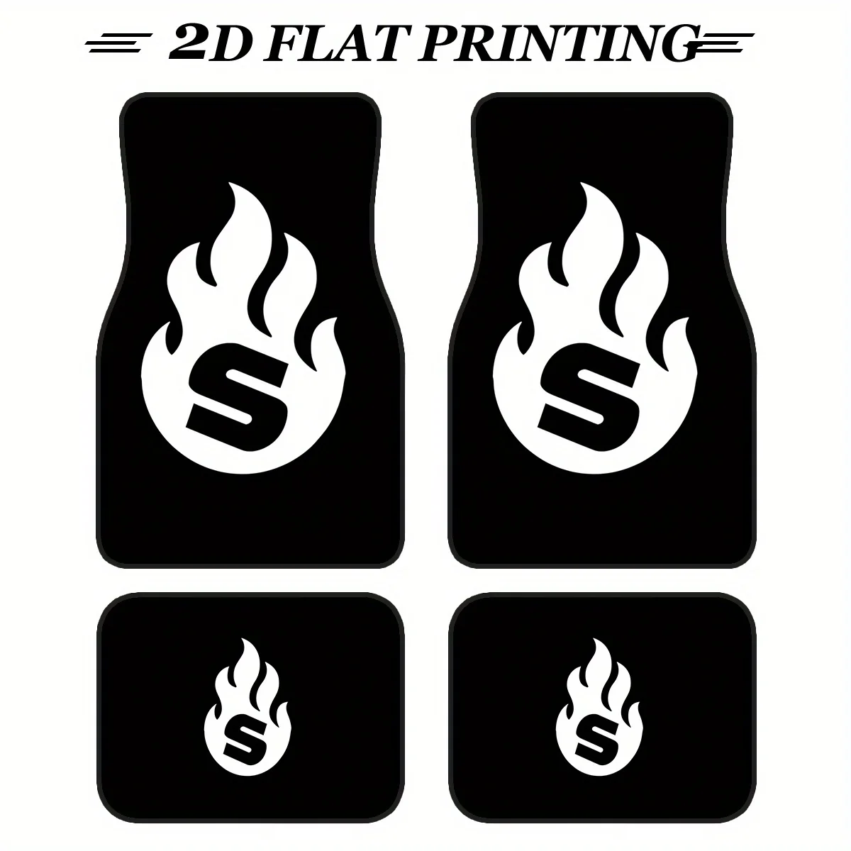 4pcs, Non-Slip Polyester Car Floor Mats With Black Background White Flame S Letter Logo Pattern - Printed Designs, Anti Slide Au