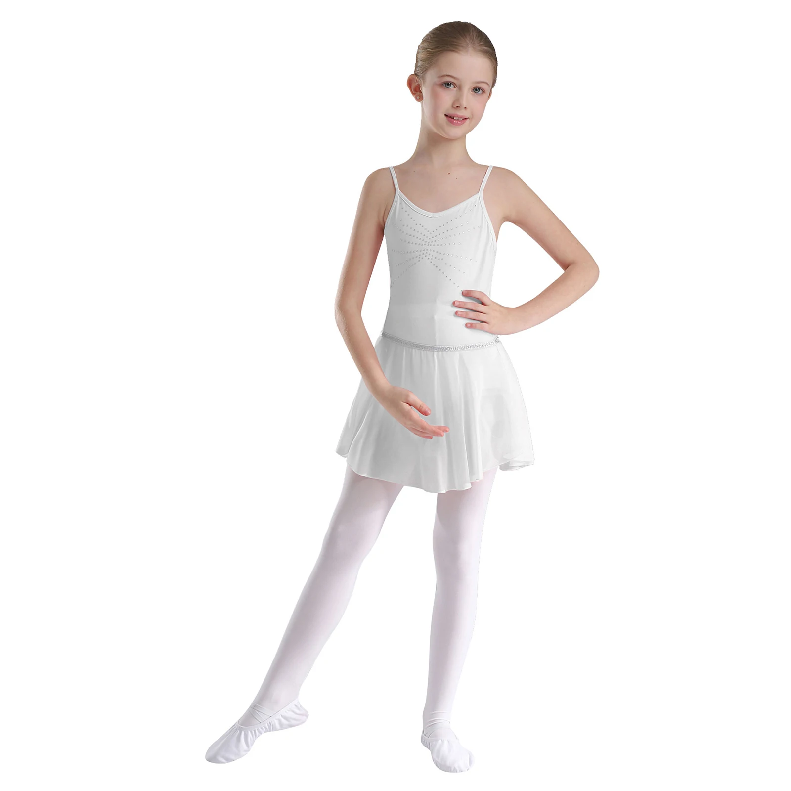 

Kids Girls Ballet Dance Dress Performance Costume Shiny Rhinestones Leotard Spaghetti Straps Solid Layer Chiffon Skirt for Show