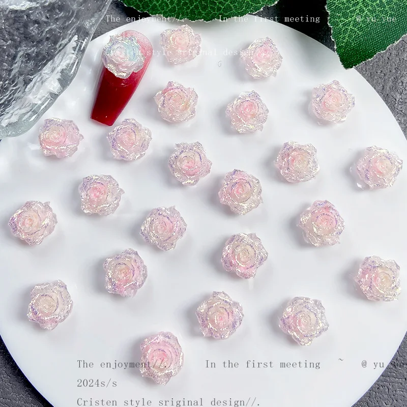 20Pc New Sparkling Flower Nail Art Accessories Firefly Luminous Resin Flower Nail Charms Flatback Resin Nails Decorations Parts