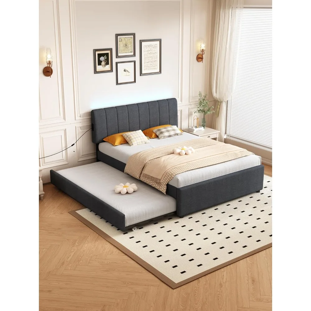 

"Full-Size Upholstered Platform Bed with Trundle, USB Ports, Linen Fabric, Solid Wood Bed Frame, Wood Slats, and LED Lighting"